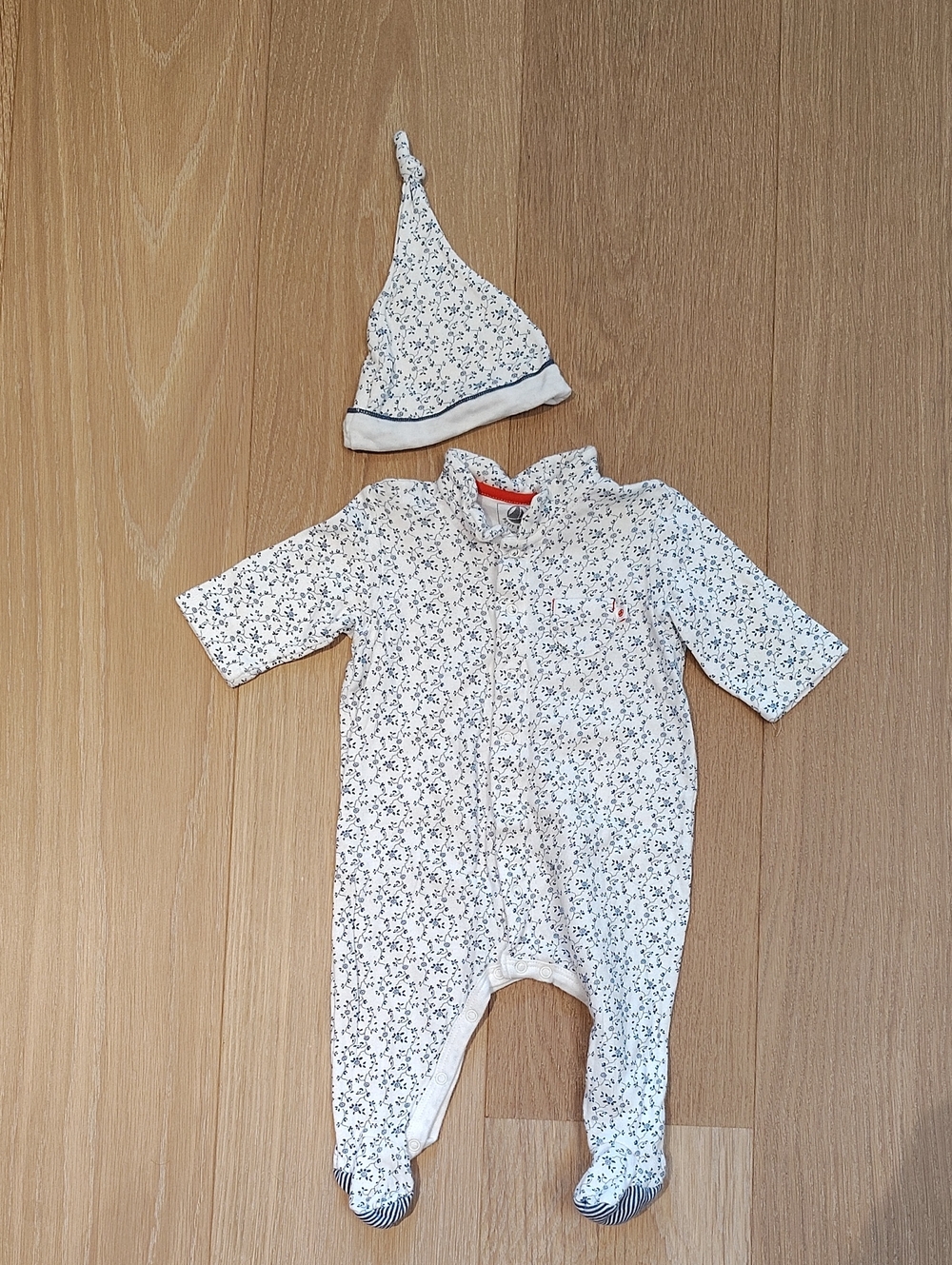 Petit Bateau White One-Piece Footie with Navy Floral Print and Matching Hat